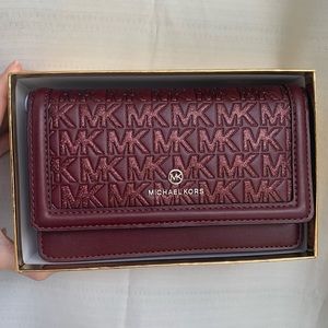 Micheal Kors Jet Set Merlot Glitter Logo Leather Wallet Wristlet